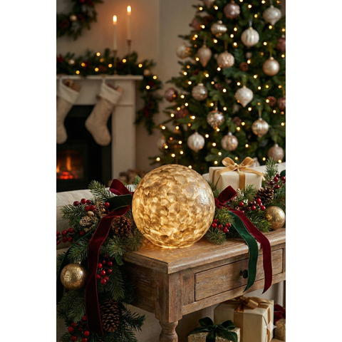 Shell lamp on side table in front of Christmas living room with trees and stockings