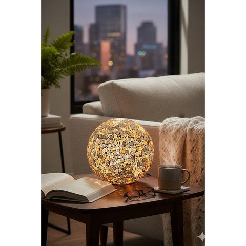 Glass globe lamp on side table in living room