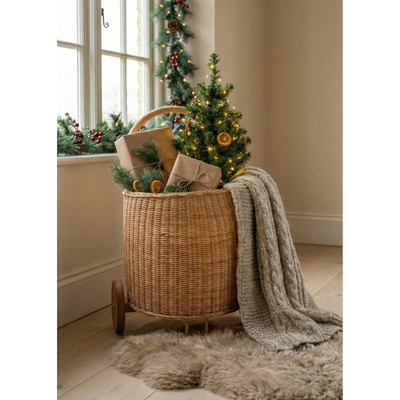 Wicker basket with gifts and a small decorated tree on a wooden floor.