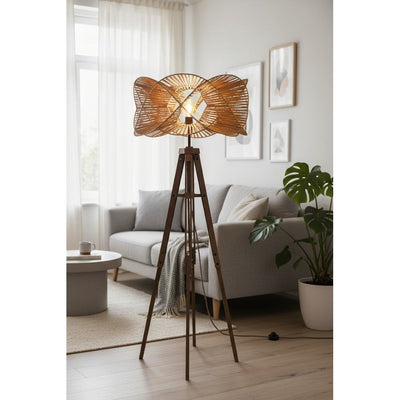 Teak Tripod with funky rattan shade in grey living room