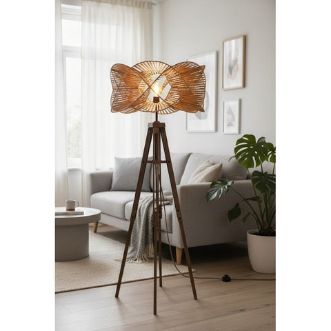 Teak Tripod with funky rattan shade in grey living room