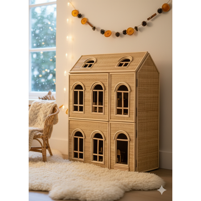 Rattan Dolls house by Christmas tree