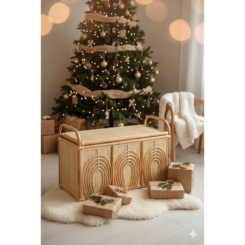 Christmas scene with rattan toy chest and presents