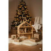 Glowing Christmas scene with rattan dolls hous and gifts