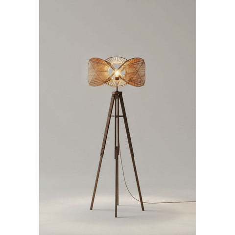 Teak wood tripod stand with wavy rattan shade. Contemporary floor lamps by Collectiviste