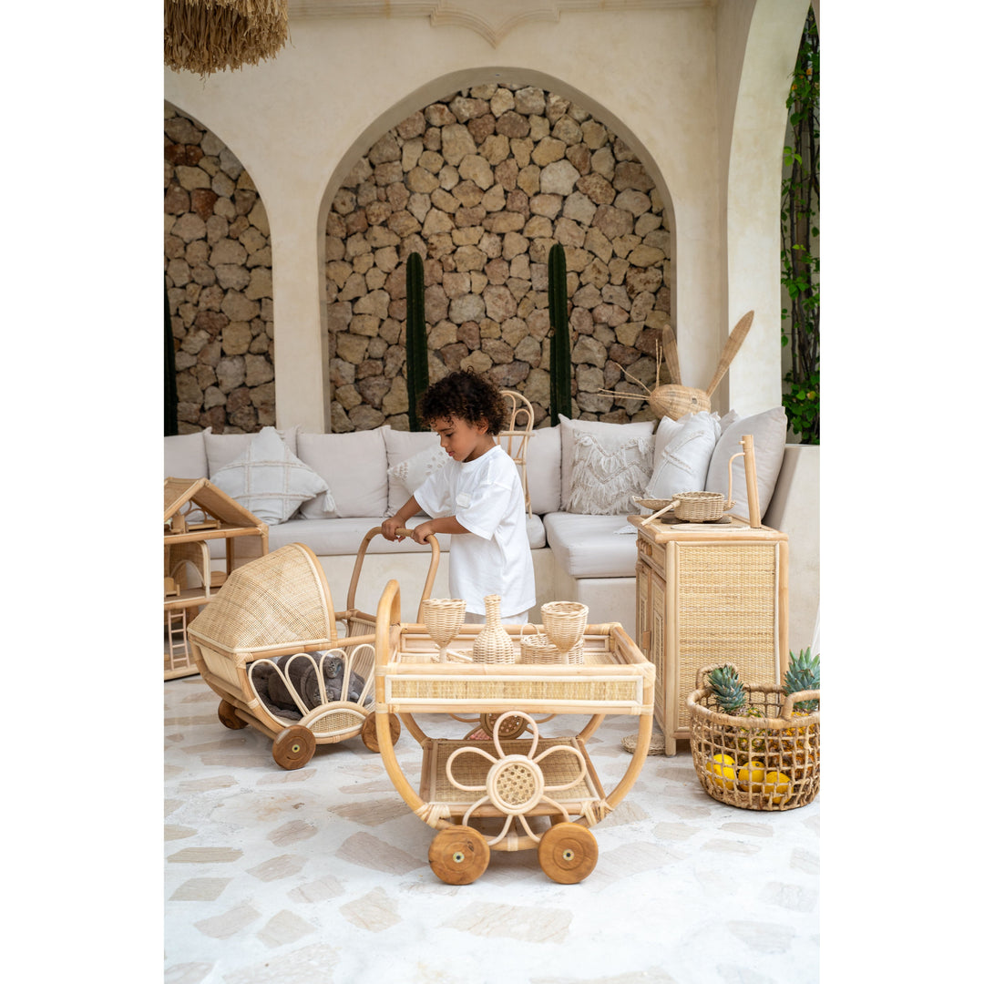Wildflower Tea Cart – Handwoven Rattan Toy for Pretend Play