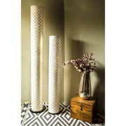 Seville tall cylinder floor lamps in 2 sizes - 200cm and 150cm. Handcrafted shell lighting by Collectiviste.