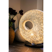 Elara unique white table lamp in torus shape. Shell lighting by Collectivsite UK.