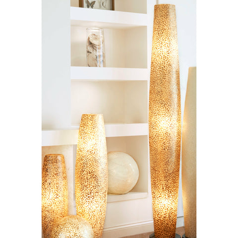 Natural white and gold floor lamps. Handcrafted from capiz shells by by Collectiviste. Unique & Unusual decorative lighting.