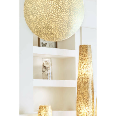 Contemporary shell lighting. Floor lamps and ceiling light shade made from capiz shell. Statement shell lighting design by Collectiviste.