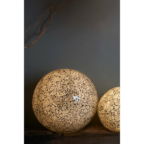 Amalthea globe lamps against grey background by Collectiviste. Handcrafted black and white frosted white glass feature lamp in 2 sizes (ON) 