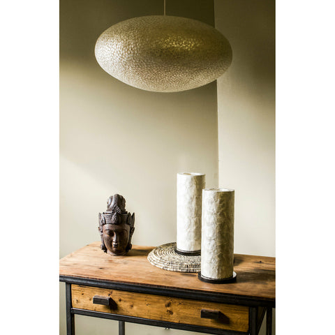 Designer Lighting - Tall floor lamp pair and large ceiling pendant - all handmade from mother of pearl by Collectiviste lighting.