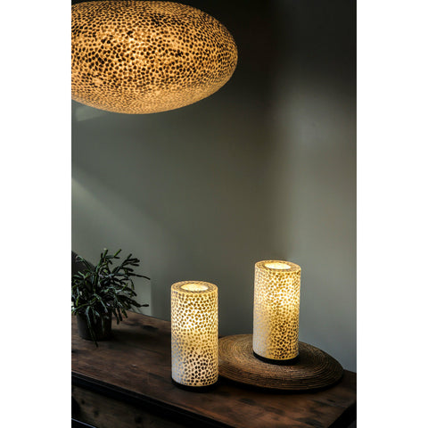 Unique statement lighting. Extra large oval ceiling light shade and pair of white table lamps. All handcrafted with mother of pearl fragments. Elara by Collectiviste.