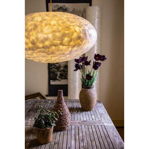 Over dining table lighting ideas: Unique 60cm oval lamp shade - Natural light shade handcrafted from oyster shells