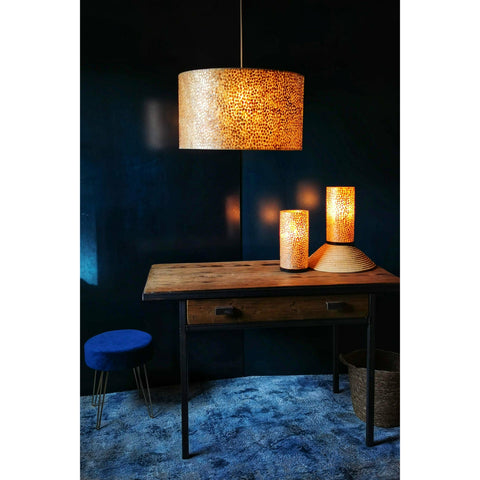 Blue and gold room. Gold ceiling light and matching table lamps by Collectiviste lighting.