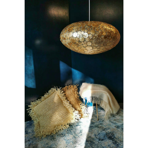 Gold lighting inspiration - large oval lampshade handcrafted with gold shell design.