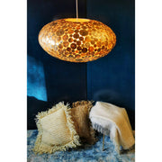 Stand out gold lighting. Midas oval ceiling pendant handmade with gold shell coins.