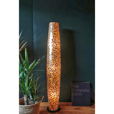 150cm tall Pebble floor lamp, handcrafted from golden mother of pearl. By Collectiviste lighting UK.
