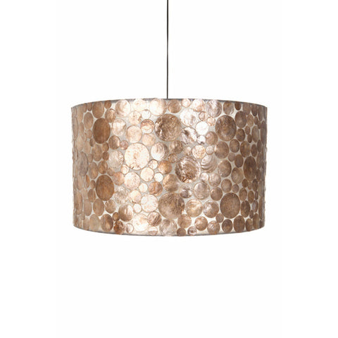 Cylinder light shade with decorative gold coin design against white background by Collectiviste lighting. 