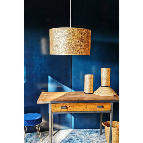 Large gold lampshade and matching table lamps. Callisto by Collectiviste lighting. 