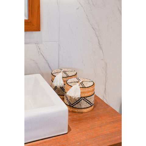 Decorative round boxes for bathroom. Handcrafted in Bali for Collectiviste.