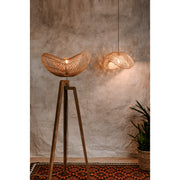 Wooden tripod floor lamp with contemporary rattan lampshade. Portobello rattan collection by Collectiviste lighting.