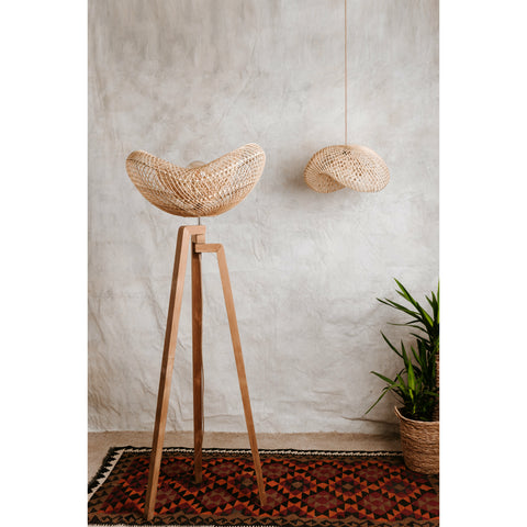 Designer rattan lampshade and tripod floor lamp carved from teak wood. Portobello rattan collection by Collectiviste.