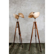 Teak wooden tripod standing lamps with bamboo lampshades. 