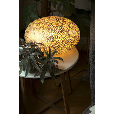 Unusual oval shaped table lamp. Handcrafted from gold oyster shells. Modern decorative lighting by Collectiviste.