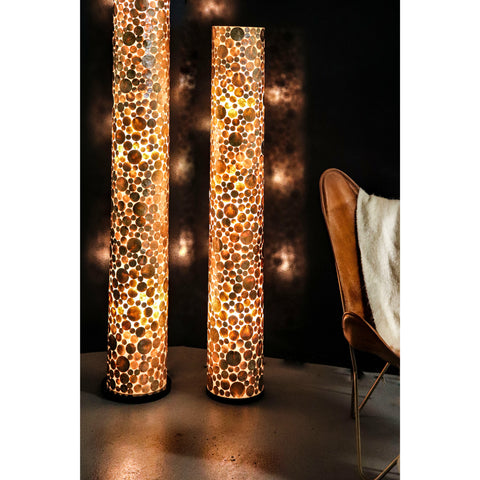 Gold cylinder floor lamps - Midas by Collectiviste. Handcrafted with gold oyster shells. 2 sizes - 150cm & 200cm
