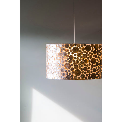 Modern drum light shade decorated with gold shell coins.