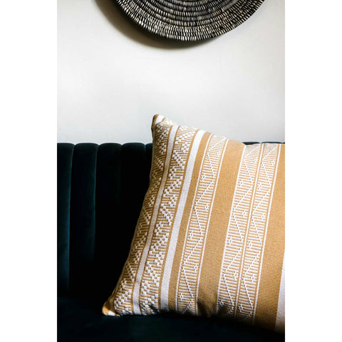 Luxury Cushion in ochre yellow, handwoven in Colombia. Sombrero by Collectiviste home decor.