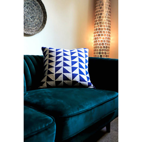 Luxury Cushion in bright blue, handwoven in Colombia. Triangulos by Collectiviste home decor.