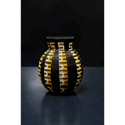 Black & Yellow Woven Basket Vase. Handcrafted Werregue Basket by Wounaan Tribe, Colombia