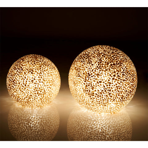 Gold globe table lamps 30cm and 40cm. Handmade from gold shells. Unique globe lamps by Collectiviste Lighting.