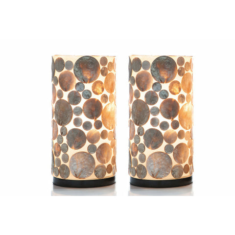 Unusual table lamp pair decorated with golden oyster shell coins.